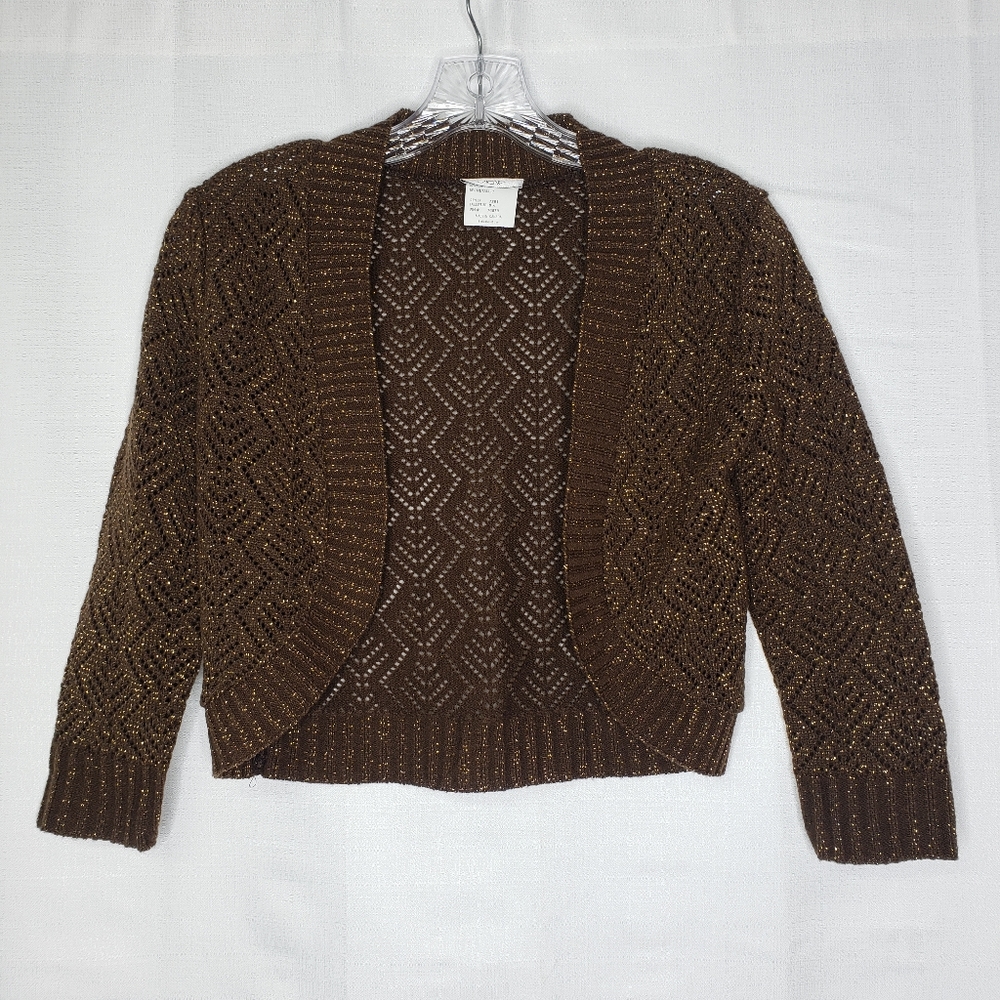 Cache Brown Gold Metallic Shrug Sweater Size 8 3/4 Sleeve